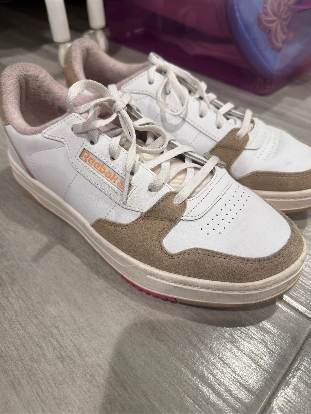 Reebok White Sneakers with Taupe Suede and Pink Accents